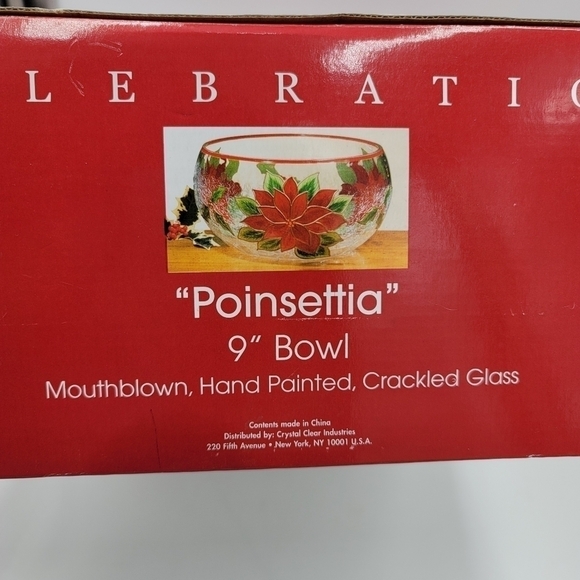 Celebration Pointsettia Mouthblown, Hand Painted, Cracked Glass 9" Salad Bowl - Picture 6 of 13